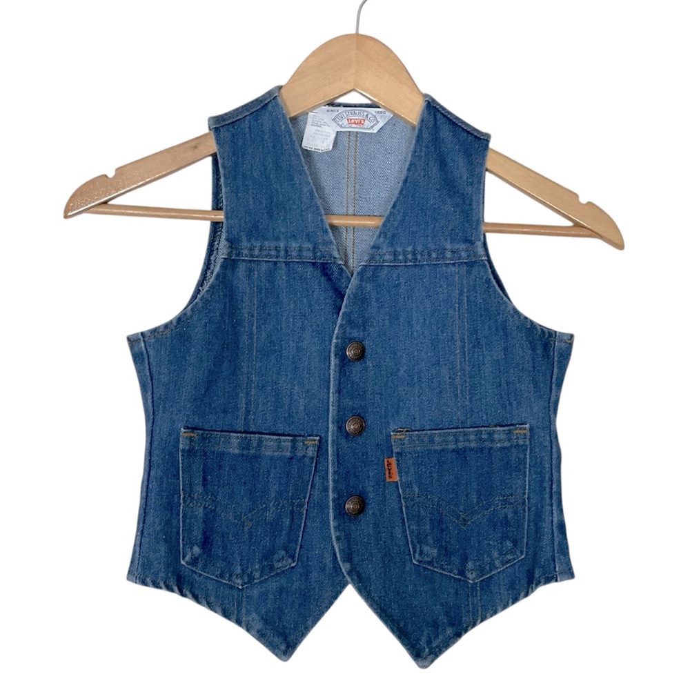 vtg LEVI’S sz 8 Jean Vest Snaps Pockets Orange Tab Pointed Front Blue